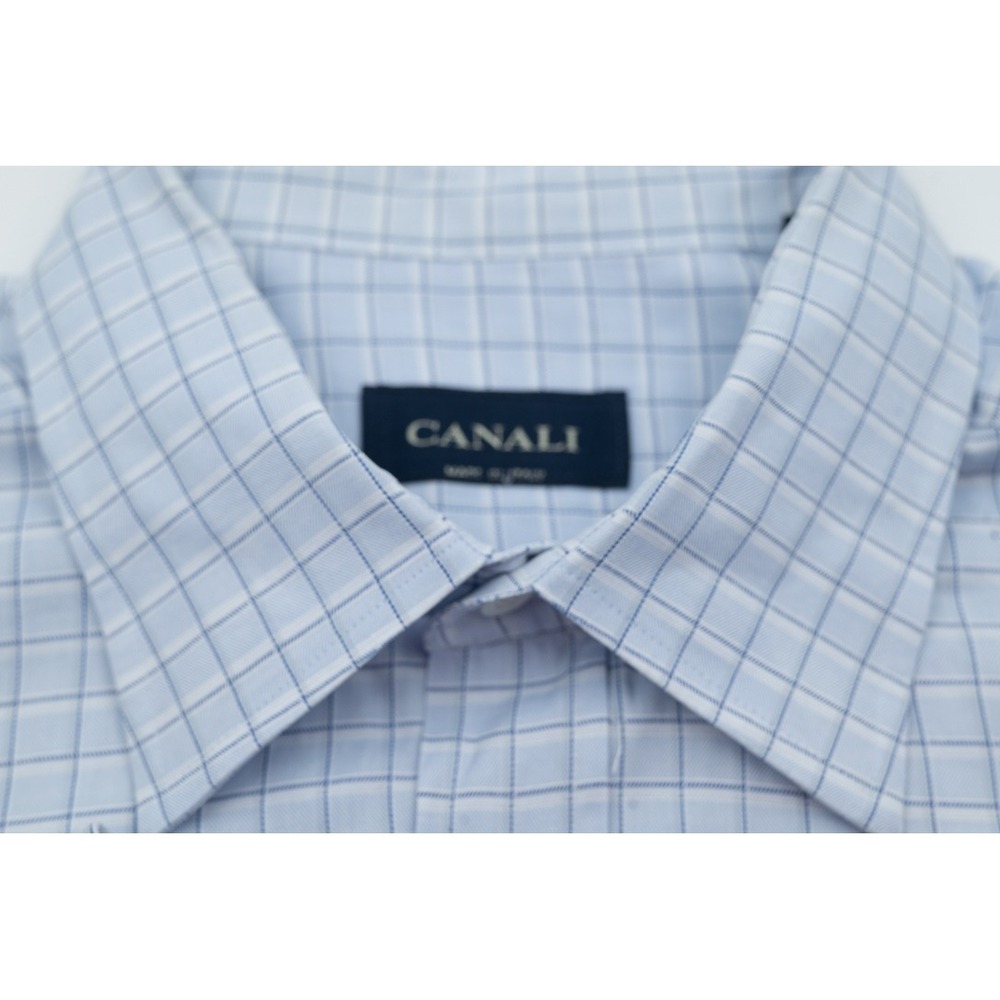 Canali Light Blue White Grid Long Sleeve Button Down Dress Shirt Italy 17x36
